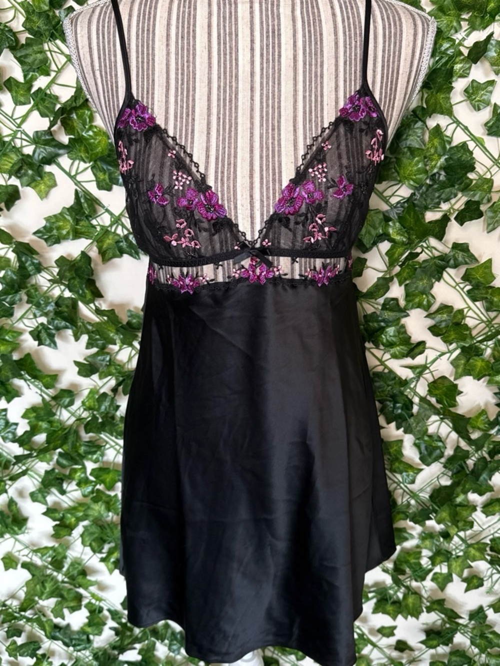 Black Lace & Purple Floral Embroidered Slip Dress